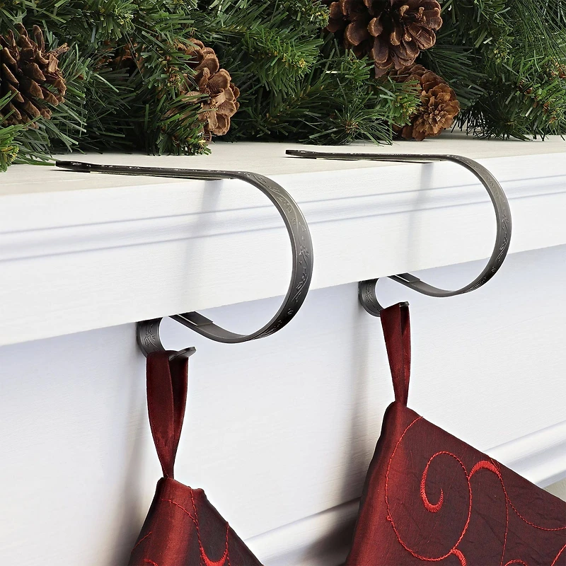 Original MantleClip® Holly Embossed Pewter Stocking Holders