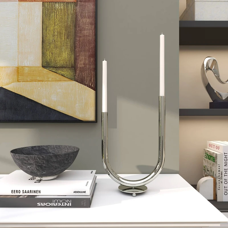 The Novogratz 14" Silver Stainless Steel Abstract U-Shaped Candelabra