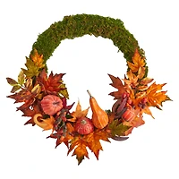 20" LED Autumn Pumpkin, Gourd & Fall Maple Leaf Wreath