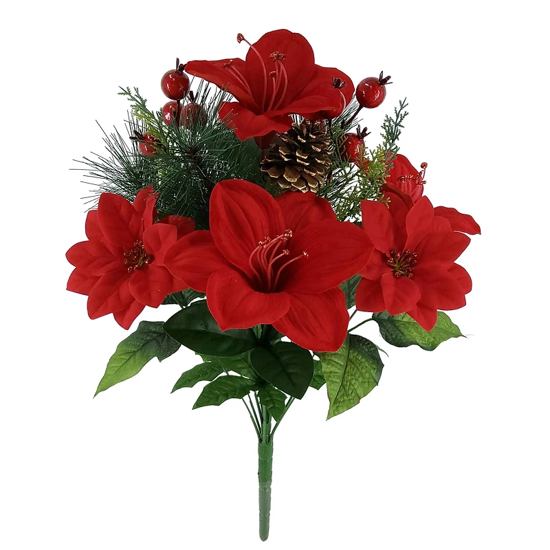 22" Red Poinsettia, Pine & Berry Deluxe Bush by Ashland®