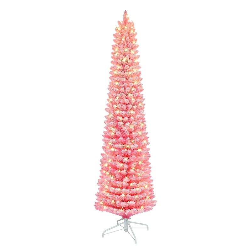 6.5ft. Pre-Lit Flocked Fashion Pink Artificial Christmas Tree, Clear Lights
