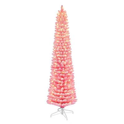 6.5ft. Pre-Lit Flocked Fashion Pink Artificial Christmas Tree, Clear Lights