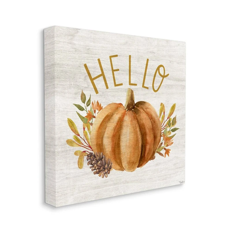 Stupell Industries Hello Pumpkin Autumn Pinecone Orange Brown Fall Seasonal Canvas Wall Art