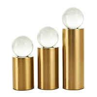 Brushed Gold Metal Geometric Cylinder Posts with Glass Orb Sculpture Set
