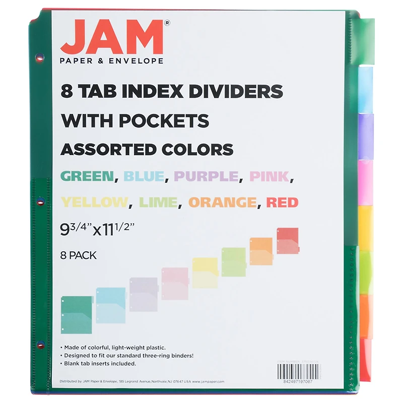 JAM Paper 9.75" x 11.5" 8-Tab Plastic Index Tab Dividers with Double Pockets 