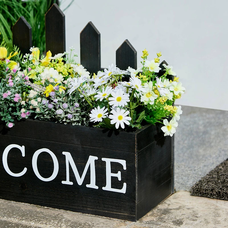 Glitzhome® Black Wood WELCOME Fence-Inspired Planter Stand Set