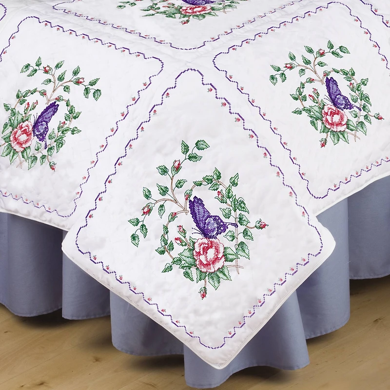 Tobin Stamped For Embroidery Butterfly Heart Quilt Block Set