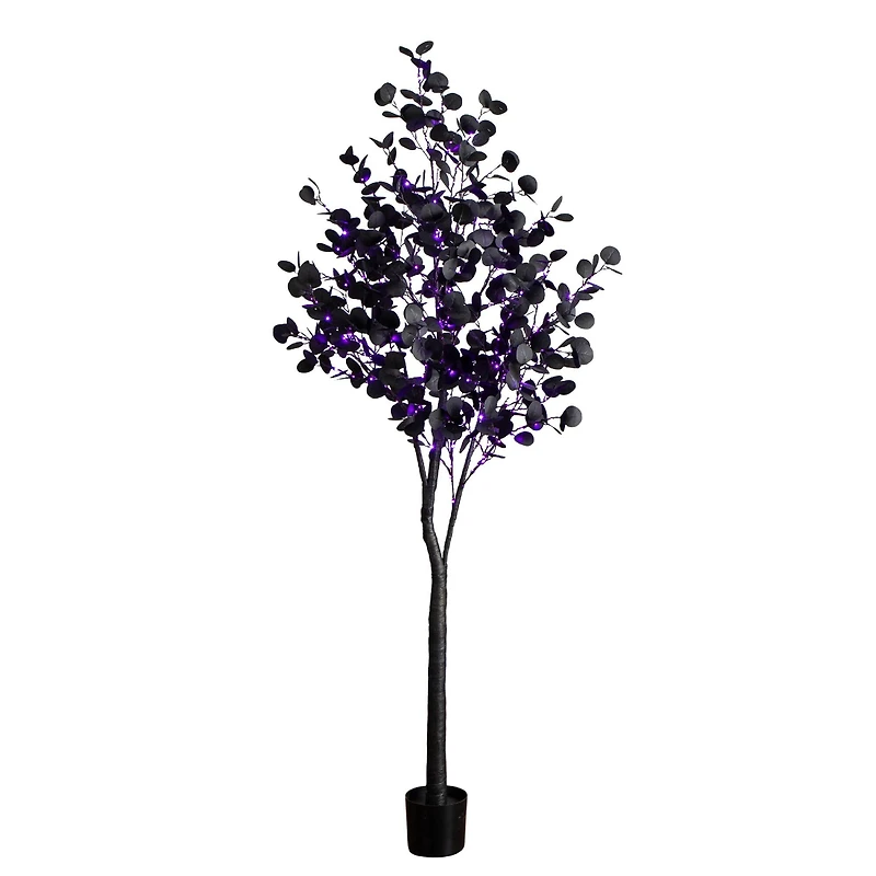 7ft. Pre-Lit Artificial Halloween Black Eucalyptus Tree with 420 Orange & Purple LED Lights