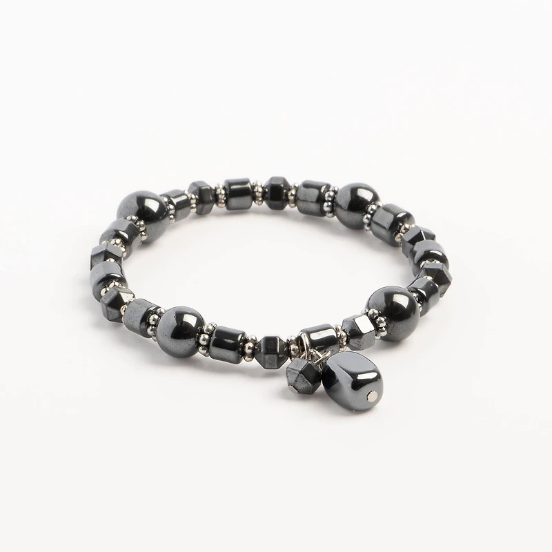 John Bead Hematite Gray Natural Stone Bracelet with Rectangle Charm