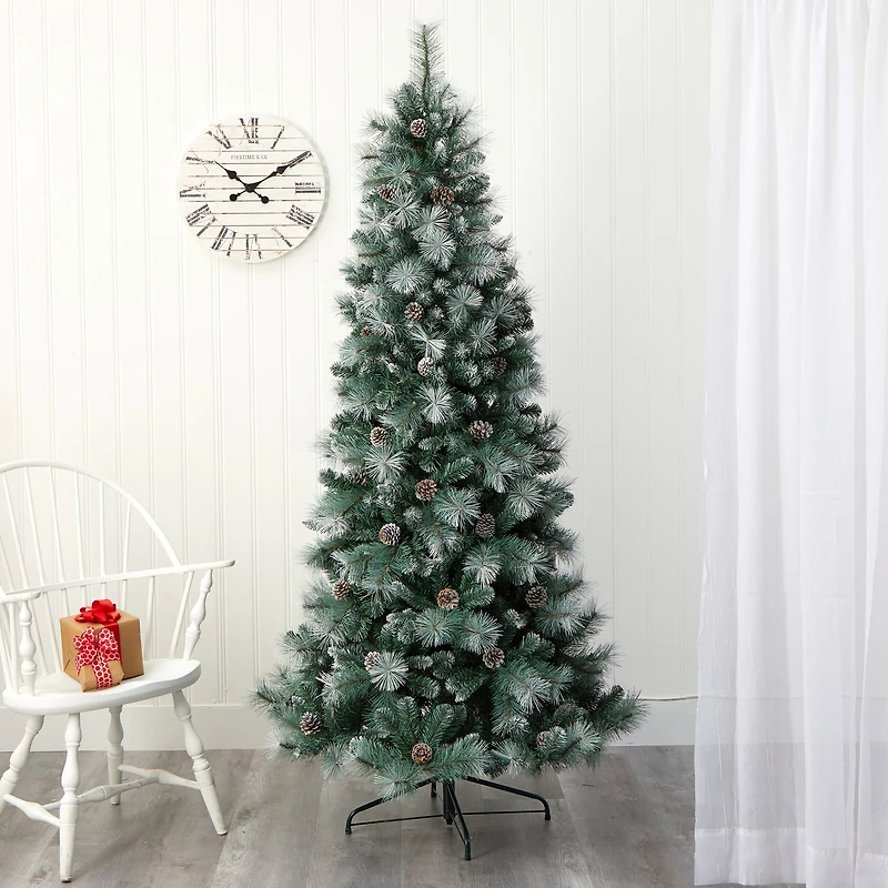 7ft. Pre-Lit Frosted Tip British Columbia Mountain Pine & Pinecones Artificial Christmas Tree with Clear Lights