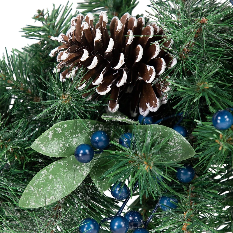 28" Unlit Mixed Pine, Blueberries & Snowy Pine Cones Teardrop Swag