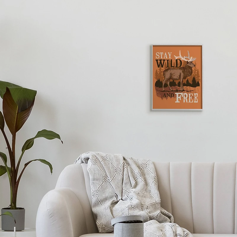 Stupell Industries Stay Wild and Free Phrase Forest Elk Landscape in Gray Frame Wall Art