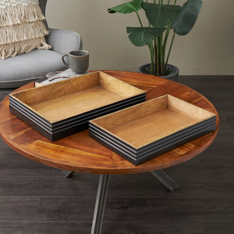 Brown Mango Wood Handmade Tray Set with Black Groove Exterior