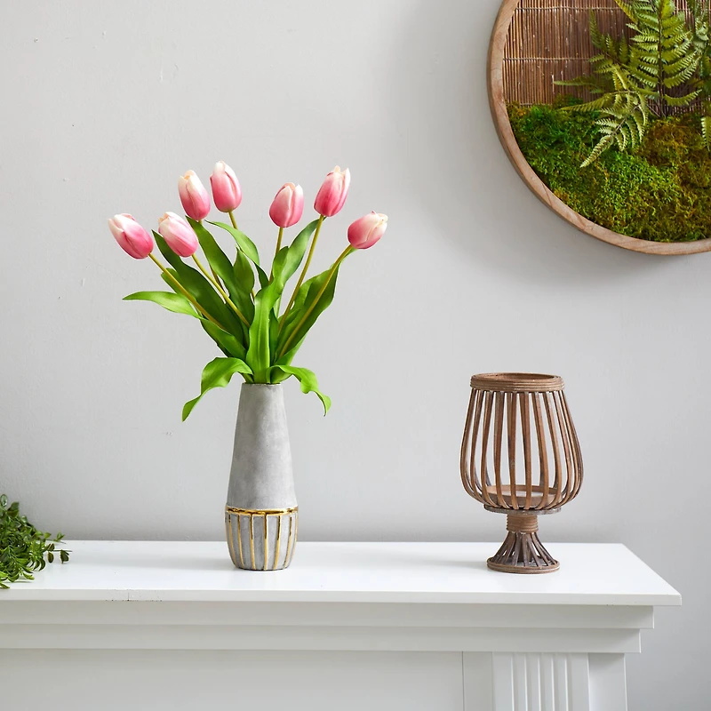 22" Mauve Dutch Tulip Arrangement in Gold Trim Stoneware Vase