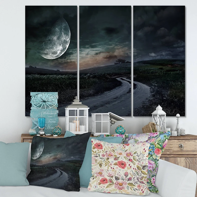 Designart - Rural Road Through The Meadow Under Full Moon
