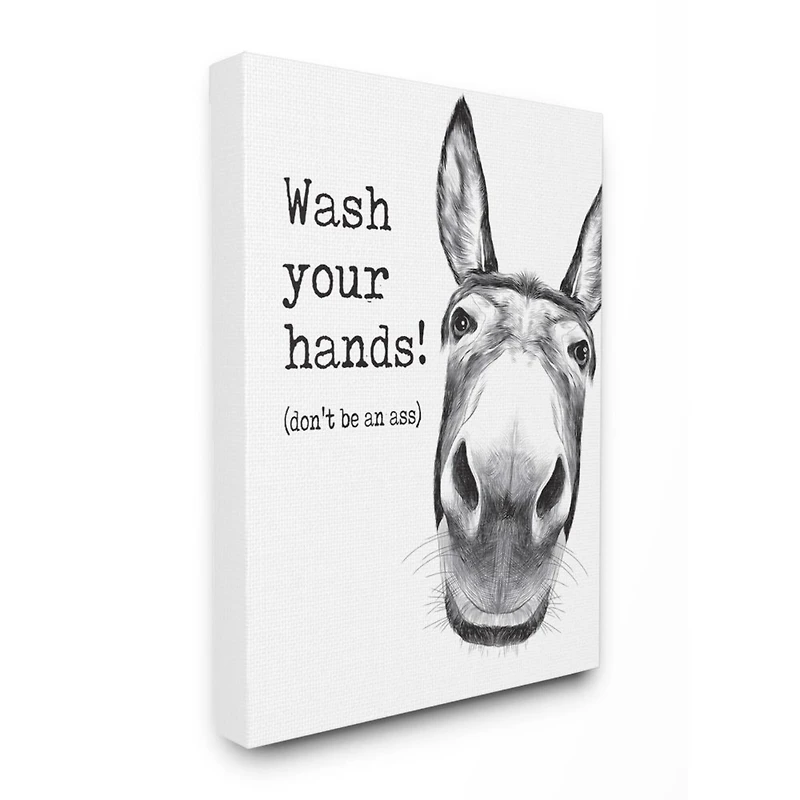 Stupell Industries Wash Your Hands Donkey Quote Bathroom Animal Humor Canvas Wall Art