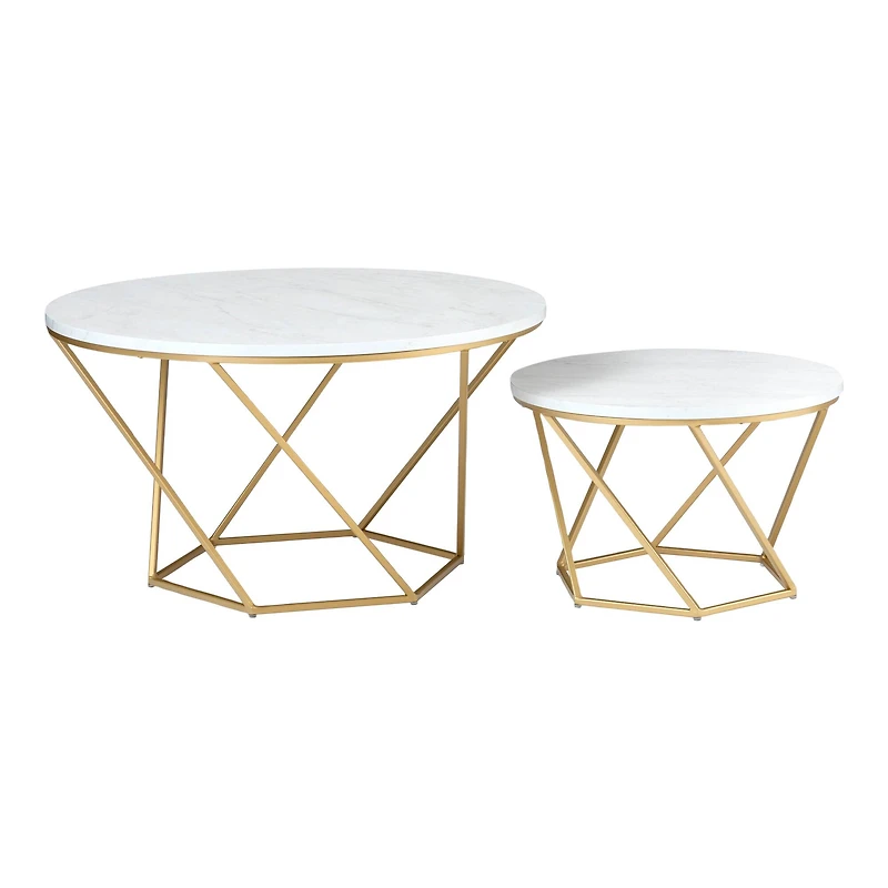 Faux White Marble & Gold Geometric Modern Nesting Coffee Table Set