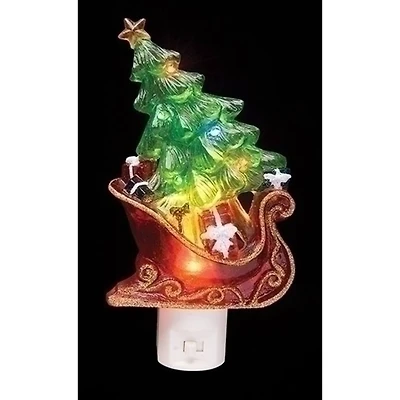7.5" Green & Red Sleigh with Christmas Tree LED Night Light