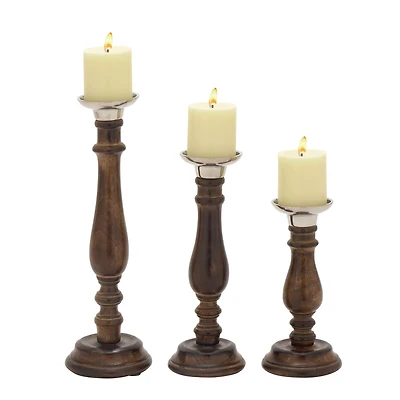 Dark Brown Mango Wood Traditional Candle Holder Set