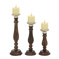 Dark Brown Mango Wood Traditional Candle Holder Set
