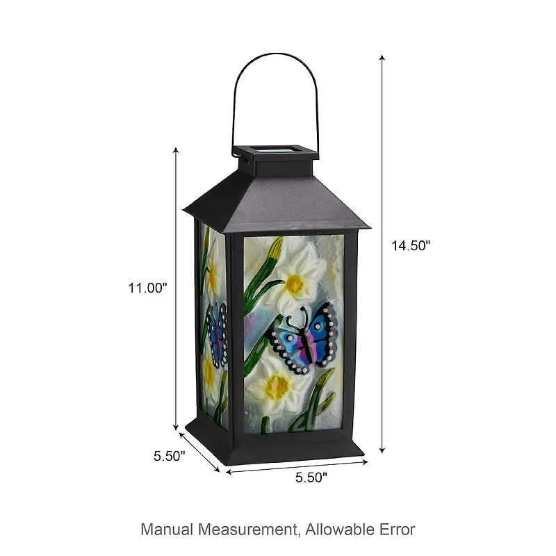 Glitzhome® 11" Glass with Butterfly & Flower Pattern Solar Powered Hanging Lantern