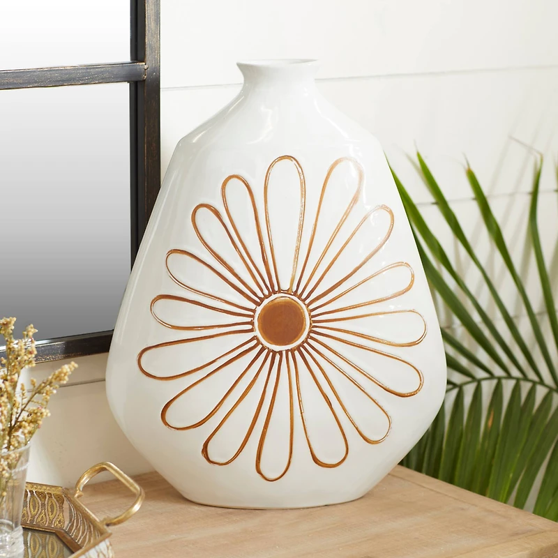 18" White Ceramic Handmade Daisy Floral Vase