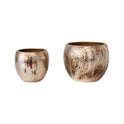 Hello Honey® Antique Gold Round Textured Metal Planters, 2ct.