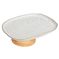 Hello Honey® 13.75" Acacia-Base White Stoneware Elegance Pedestal