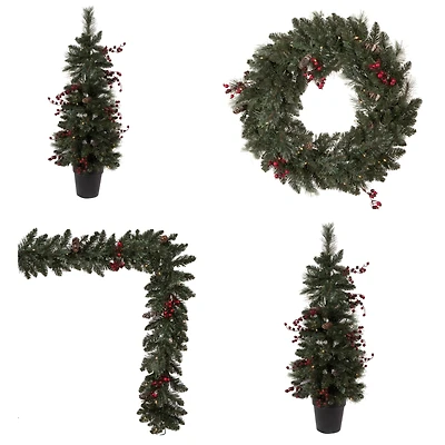 4-Piece Pre-Lit Artificial Christmas Tree, Wreath & Garland Set, Warm White LED Lights