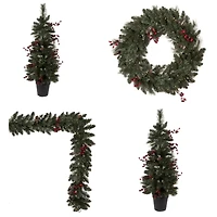 4-Piece Pre-Lit Artificial Christmas Tree, Wreath & Garland Set, Warm White LED Lights