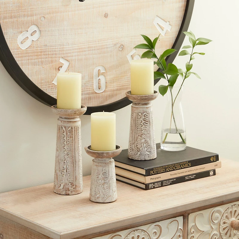 White Mango Wood Natural Candle Holder Set