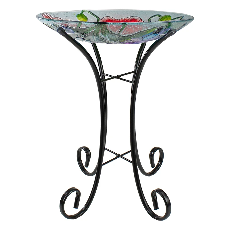 21'' Butterfly and Carnations Hand Painted Glass Birdbath