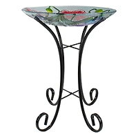 21'' Butterfly and Carnations Hand Painted Glass Birdbath