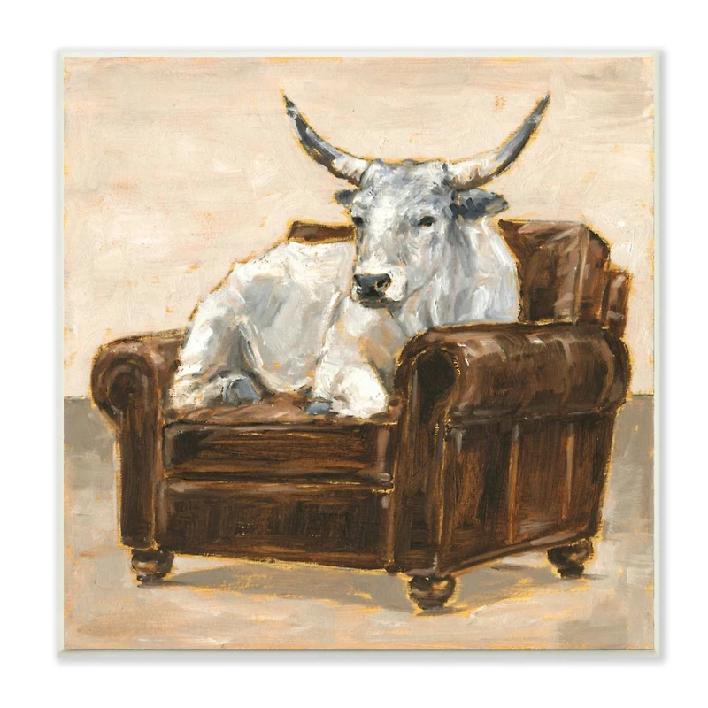 Stupell Industries White Bull Resting in Brown Chair Abstract Painting,12" x 12"