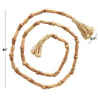 7ft. Brown Mango Wood Handmade Rectangle Carved Geometric Long Beaded Garland with Tassel