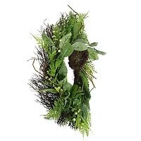 24" Green & Brown Mixed Foliage Artificial Spring Wreath with Nest