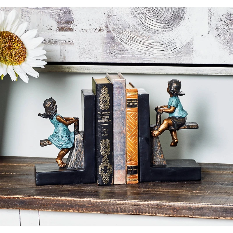8" Brown Polystone Playing Children Bookends