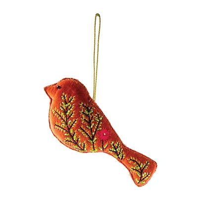 Hello Honey® 5.5" Orange Embroidered Bird Cotton Velvet Bird Ornament
