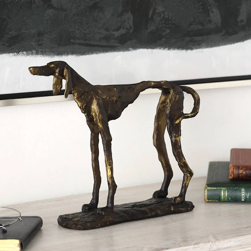 14" Bronze Polystone Distressed Slim Frame Dog Sculpture with Gold Accents