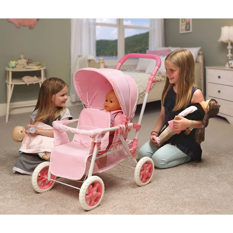 Badger Basket Pink Gingham Folding Double Front-to-Back Doll Stroller