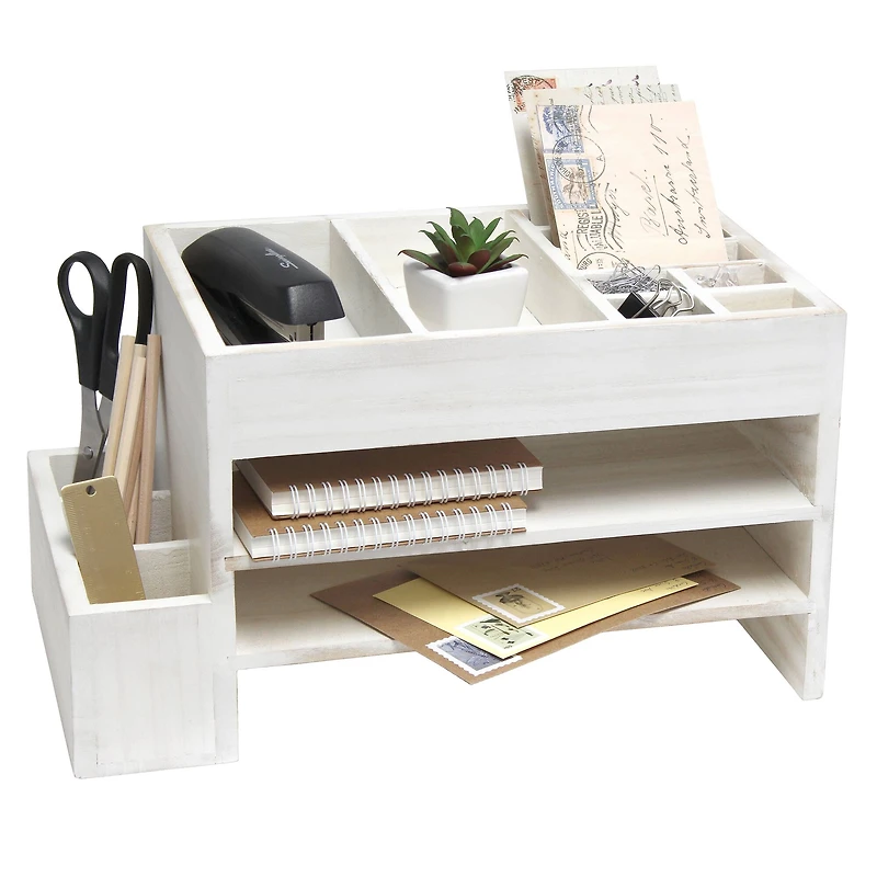 Elegant Designs Whitewash Wood Cubbies & Letter Tray Desk Organizer