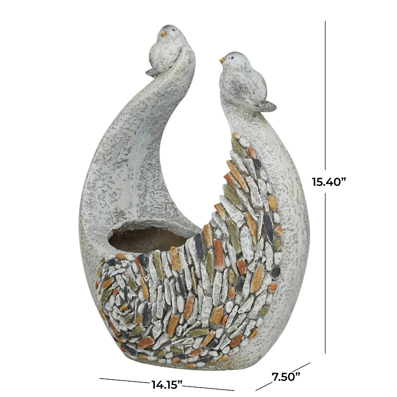 15" Gray Fiberglass Bird Planter with Stone Mosaic Design