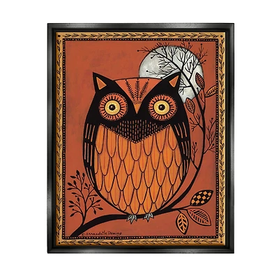 Stupell Industries Round Owl Autumn Botanical Border Framed Floater Canvas Wall Art
