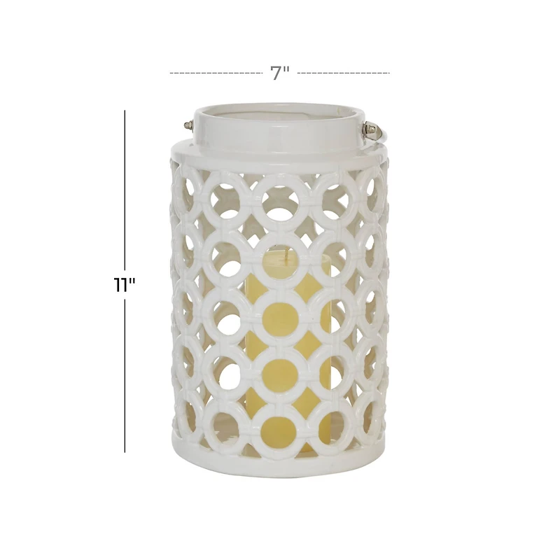 White Ceramic Contemporary Candle Holder Lantern, 11" x 7" x 8"
