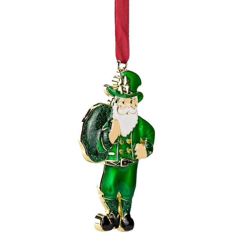 3.5" Green Brass-Plated Irish Santa Christmas Ornament with European Crystals