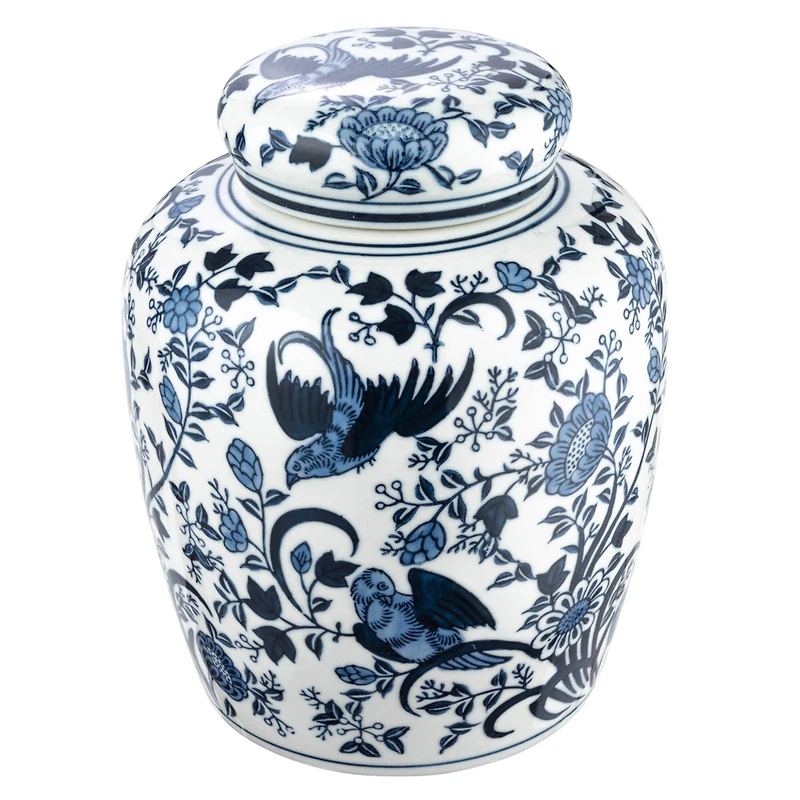 Hello Honey® 8" Blue & White Decorative Bird Ceramic Ginger Jar with Lid