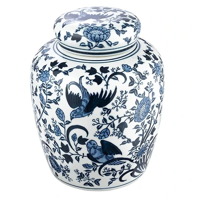 Hello Honey® 8" Blue & White Decorative Bird Ceramic Ginger Jar with Lid