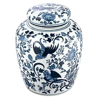 Hello Honey® 8" Blue & White Decorative Bird Ceramic Ginger Jar with Lid