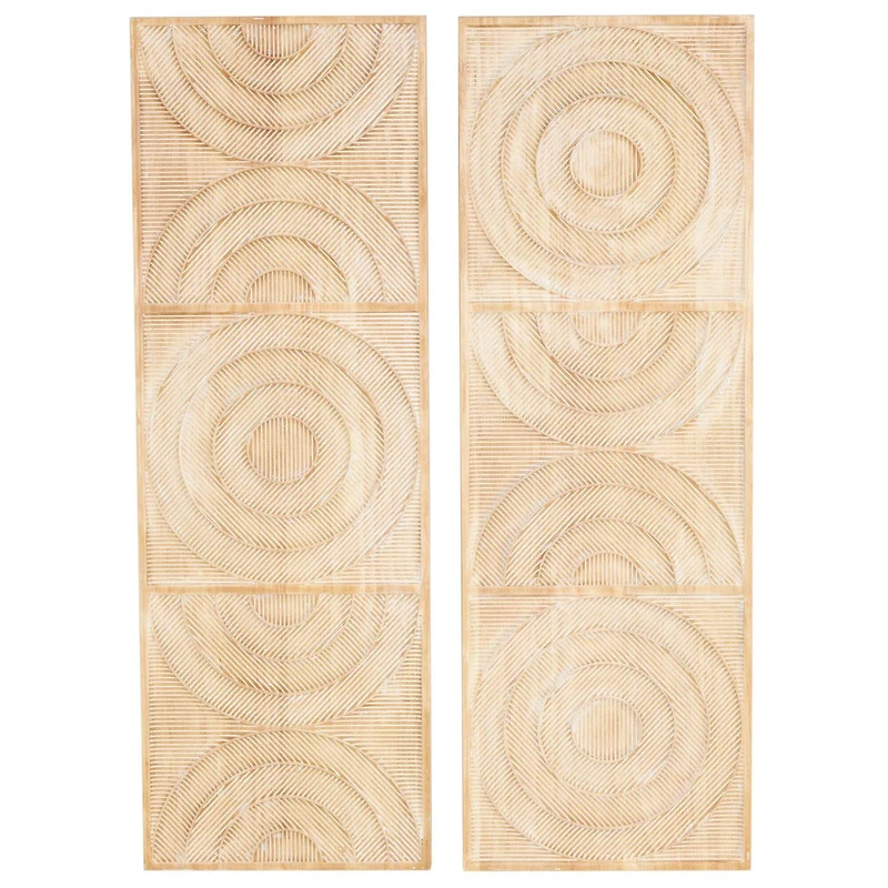 13" x 37" Light Brown Wood Geometric Carved Panel Arch Wall Décor with White Linear Markings Set