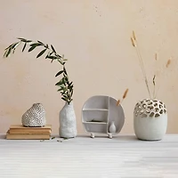 Hello Honey® 8.5" Cream Stoneware Footed Shelf with 4 Compartments & Attached Vase with Reactive Glaze